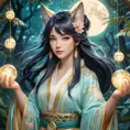 Ahri, League of Legends, ethereal beauty, flowing silk kimono, intricate gold embroidery, moonlit forest, glowing orbs of magic swirling around her, soft pastel colors, art nouveau style, delicate linework, serene expression, magical realism