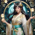 Ahri, League of Legends, ethereal beauty, flowing silk kimono, intricate gold embroidery, moonlit forest, glowing orbs of magic swirling around her, soft pastel colors, art nouveau style, delicate linework, serene expression, magical realism