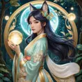 Ahri, League of Legends, ethereal beauty, flowing silk kimono, intricate gold embroidery, moonlit forest, glowing orbs of magic swirling around her, soft pastel colors, art nouveau style, delicate linework, serene expression, magical realism