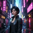 In a cyberpunk-inspired cityscape, Ada Wong navigates a maze of neon-lit alleyways and towering skyscrapers, her every move calculated and precise as she pursues her latest objective.