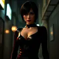 A mysterious and alluring woman named Ada Wong, dressed in a form-fitting black catsuit, stands in the shadows of a dimly lit urban environment. Her piercing gaze and confident posture suggest a skilled and dangerous operative.