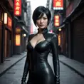 A mysterious and alluring woman named Ada Wong, dressed in a form-fitting black catsuit, stands in the shadows of a dimly lit urban environment. Her piercing gaze and confident posture suggest a skilled and dangerous operative.