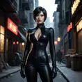 A mysterious and alluring woman named Ada Wong, dressed in a form-fitting black catsuit, stands in the shadows of a dimly lit urban environment. Her piercing gaze and confident posture suggest a skilled and dangerous operative.