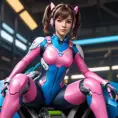 Perched atop the mech is the pilot herself, D.Va, her face set with fierce determination as she grips the controls. Her short hair is styled in twin pigtails, framing her youthful, anime-inspired features. She wears a skintight bodysuit in matching pink and blue hues, the shimmering material almost seeming to pulse with energy.