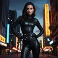 A striking and mysterious woman with dark hair and piercing eyes stands in a dimly lit urban environment, her lithe form silhouetted against the neon lights of the city skyline. She wears a form-fitting black catsuit that accentuates her athletic physique, her movements graceful and predatory