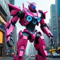 A fierce, powerful mech suit stands tall, its sleek, angular frame painted in a vibrant shade of pink and blue. The cockpit in the center glows with an internal light, hinting at the skilled pilot within. Intricate details adorn the mech, from the sharp edges of the armor plating to the nimble, articulated limbs.