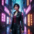 In a cyberpunk-inspired cityscape, Ada Wong navigates a maze of neon-lit alleyways and towering skyscrapers, her every move calculated and precise as she pursues her latest objective.