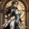Bayonetta, elegant and powerful pose, flowing hair, intricate outfit, dramatic lighting, magical effects,  detailed background, art nouveau style, Alphonse Mucha,  trending on artstation, 8k resolution, hyperrealistic,  photorealistic, masterpiece