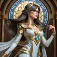 Bayonetta, elegant and powerful pose, flowing hair, intricate outfit, dramatic lighting, magical effects,  detailed background, art nouveau style, Alphonse Mucha,  trending on artstation, 8k resolution, hyperrealistic,  photorealistic, masterpiece