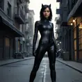 A mysterious and alluring woman named Cassandra Cain, dressed in a form-fitting black catsuit, stands in the shadows of a dimly lit urban environment. Her piercing gaze and confident posture suggest a skilled and dangerous operative.