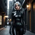 A mysterious and alluring woman named 2B, dressed in a form-fitting black catsuit, stands in the shadows of a dimly lit urban environment. Her piercing gaze and confident posture suggest a skilled and dangerous operative.