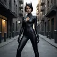 A mysterious and alluring woman named Cassandra Cain, dressed in a form-fitting black catsuit, stands in the shadows of a dimly lit urban environment. Her piercing gaze and confident posture suggest a skilled and dangerous operative.