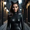 A mysterious and alluring woman named A2, dressed in a form-fitting black catsuit, stands in the shadows of a dimly lit urban environment. Her piercing gaze and confident posture suggest a skilled and dangerous operative.