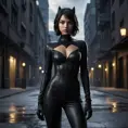 A mysterious and alluring woman named Cassandra Cain, dressed in a form-fitting black catsuit, stands in the shadows of a dimly lit urban environment. Her piercing gaze and confident posture suggest a skilled and dangerous operative.