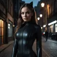 A mysterious and alluring woman named A2, dressed in a form-fitting black catsuit, stands in the shadows of a dimly lit urban environment. Her piercing gaze and confident posture suggest a skilled and dangerous operative.