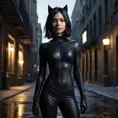 A mysterious and alluring woman named Cassandra Cain, dressed in a form-fitting black catsuit, stands in the shadows of a dimly lit urban environment. Her piercing gaze and confident posture suggest a skilled and dangerous operative.