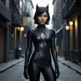 A mysterious and alluring woman named Cassandra Cain, dressed in a form-fitting black catsuit, stands in the shadows of a dimly lit urban environment. Her piercing gaze and confident posture suggest a skilled and dangerous operative.