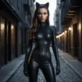 A mysterious and alluring woman named A2, dressed in a form-fitting black catsuit, stands in the shadows of a dimly lit urban environment. Her piercing gaze and confident posture suggest a skilled and dangerous operative.