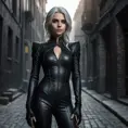A mysterious and alluring woman named Ciri, dressed in a form-fitting black catsuit, stands in the shadows of a dimly lit urban environment. Her piercing gaze and confident posture suggest a skilled and dangerous operative.