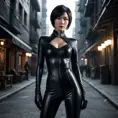 A mysterious and alluring woman named Ada Wong, dressed in a form-fitting black catsuit, stands in the shadows of a dimly lit urban environment. Her piercing gaze and confident posture suggest a skilled and dangerous operative.