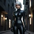 A mysterious and alluring woman named 2B, dressed in a form-fitting black catsuit, stands in the shadows of a dimly lit urban environment. Her piercing gaze and confident posture suggest a skilled and dangerous operative.
