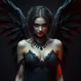 A beautiful winged romanian vampire woman with fangs, red eyes