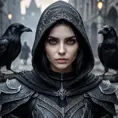 Intricate portrait of a horrifying pale assassin dusk elf, black hair, black eyes, fully covering black hooded armor in an apocalytpic world with Ravens