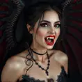 A beautiful winged romanian vampire woman with fangs, red eyes