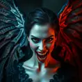 A beautiful winged romanian vampire woman with fangs, red eyes