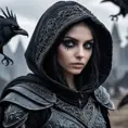Intricate portrait of a horrifying pale assassin dusk elf, black hair, black eyes, fully covering black hooded armor in an apocalytpic world with Ravens