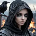 Intricate portrait of a horrifying pale assassin dusk elf, black hair, black eyes, fully covering black hooded armor in an apocalytpic world with Ravens