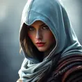 A beautiful Kassandra wearing a white hood in full Assassin's Creed style
