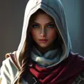 A beautiful Kassandra wearing a white hood in full Assassin's Creed style