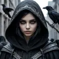 Intricate portrait of a horrifying pale hooded assassin dusk elf, black hair, black eyes, in a dystopian world with Ravens