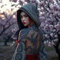 Morgana, adorned with intricate, dragon-themed tattoos that cover her back and shoulders, dressed in a traditional, Japanese-inspired outfit with a hood, standing in a serene, cherry blossom grove at dusk.