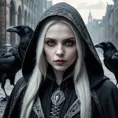 Intricate portrait of a horrifying pale hooded female vampire in a dystopian world with Ravens