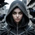 Intricate portrait of a horrifying pale hooded assassin dusk elf, black hair, black eyes, in a dystopian world with Ravens