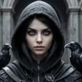 Intricate portrait of a horrifying pale hooded assassin dusk elf, black hair, black eyes, in a dystopian world with Ravens