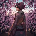 Nidalee, adorned with intricate, dragon-themed tattoos that cover her back and shoulders, dressed in a traditional, Japanese-inspired outfit with a hood, standing in a serene, cherry blossom grove at dusk.