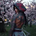 Nidalee, adorned with intricate, dragon-themed tattoos that cover her back and shoulders, dressed in a traditional, Japanese-inspired outfit with a hood, standing in a serene, cherry blossom grove at dusk.