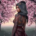 Nidalee, adorned with intricate, dragon-themed tattoos that cover her back and shoulders, dressed in a traditional, Japanese-inspired outfit with a hood, standing in a serene, cherry blossom grove at dusk.