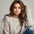 A gorgeous woman with brown hair and warm eyes, wearing a cozy sweater and distressed denim