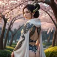 Morgana, adorned with intricate, dragon-themed tattoos that cover her back and shoulders, dressed in a traditional, Japanese-inspired outfit with a hood, standing in a serene, cherry blossom grove at dusk.