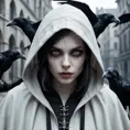 Intricate portrait of a horrifying pale hooded female vampire in a dystopian world with Ravens