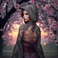 Morgana, adorned with intricate, dragon-themed tattoos that cover her back and shoulders, dressed in a traditional, Japanese-inspired outfit with a hood, standing in a serene, cherry blossom grove at dusk.