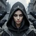 Intricate portrait of a horrifying pale hooded assassin dusk elf, black hair, black eyes, in a dystopian world with Ravens