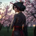 Nidalee, adorned with intricate, dragon-themed tattoos that cover her back and shoulders, dressed in a traditional, Japanese-inspired outfit with a hood, standing in a serene, cherry blossom grove at dusk.