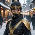 Wallpaper of a mysterious beautiful masked kunoichi ninja wearing eyeliner and gold jewelry in the streets of a dark snowy town in moscow, fluid motion