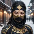 Wallpaper of a mysterious beautiful masked kunoichi ninja wearing eyeliner and gold jewelry in the streets of a dark snowy town in moscow, fluid motion