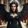 A beautiful winged romanian vampire woman with fangs, red eyes